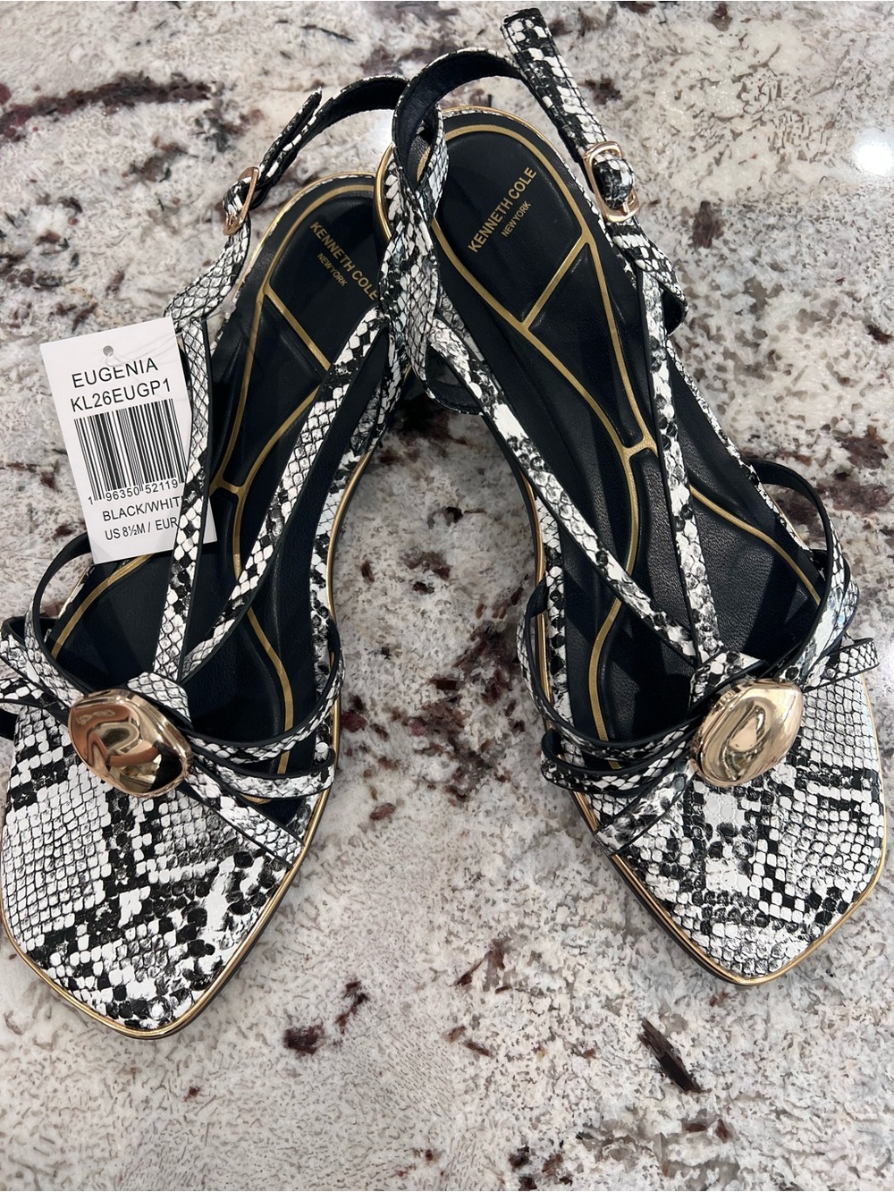 Kenneth Cole Black & White Snakeskin Slingback Heels with Gold Accent